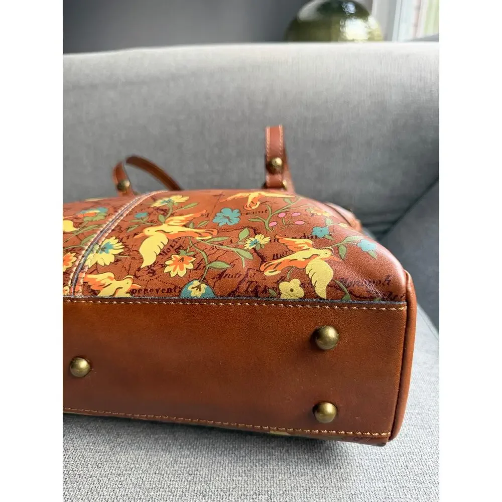 Patricia Nash Poppy Leather Boho Tote Shoulder Bag Floral Bird Map Print Tan